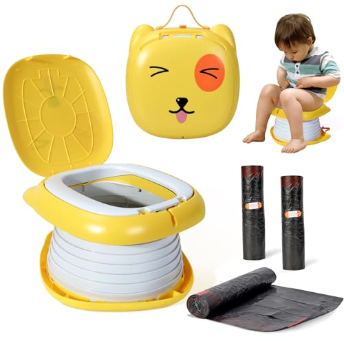 Orzbow Pot de Voyage Enfant Pliable,Pot Bebe Toilette avec 45 Pièces Sacs Jetables,Pas d'installation Nécessaire, Facile à Utiliser et à Ranger,Sac de Voyage Inclus (Jaune)