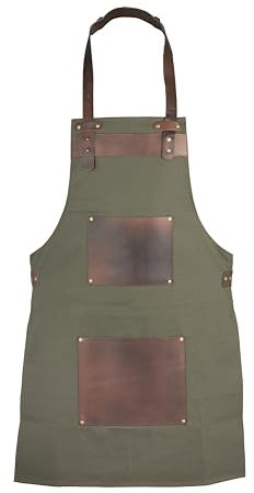 Leathershire Canvas Bib Apron With Leather Pocket Butcher Chef Cooking BBQ Grill Kitchen Woodworking Craft Work Apron Adjustable Heavy Duty For Men Women (Green)