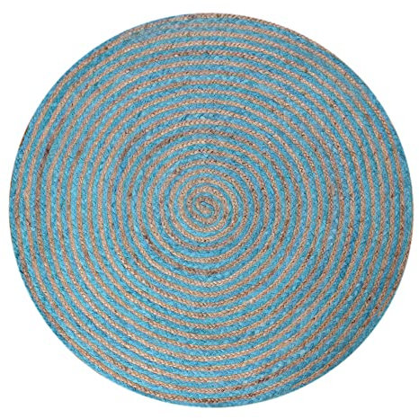 CASAVANI Collection Circle Area Rug – 10,2 x 10,2 cm, Blau & Beige, geflochtene Chindi-Baumwollmatte, geometrischer Kelim-Teppich, für drinnen und draußen, flach, stark frequentierte Bereiche im