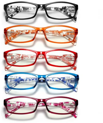 kunchu Reading Glasses for Women Men - 5 Pack Blue Light Blocking Spring Hinge Computer Readers Anti Glare UV Eyeglasses (Clear Floral, 1.75, x)