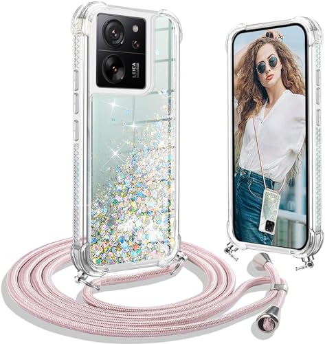 Handykette Hülle kompatibel mit Xiaomi 13T/13T Pro Hülle mit Band zum Umhängen, Glitter Handyhülle Flüssig Treibsand, Handyhülle Stoßfest Silikon Transparent Hülle mit Kette für Xiaomi 13T/13T Pro