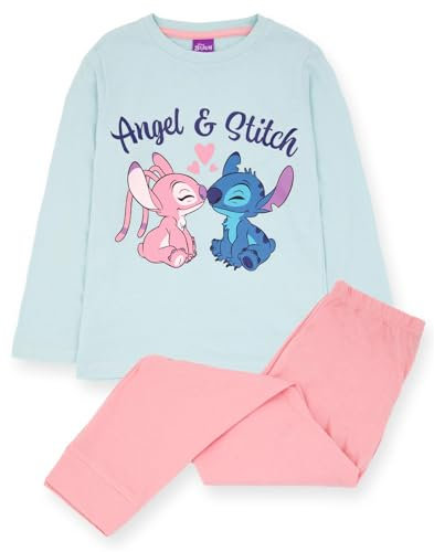Disney Girls Lilo & Stitch Pyjama Set | Blue Long Sleeve Graphic T-Shirt and Pink Long Leg Bottoms PJs For Kids | Angel & Stitch Love Nightwear | Movie Sleepwear Gift for Children & Toddlers
