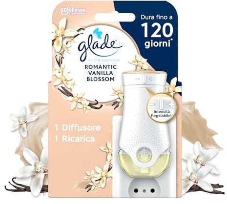 Glade Liquido Elettrico Profumatore per Ambienti, Fragranza Romantic Vanilla Blossom, Fino a 120 Giorni di Profumo, 1 Diffusore e 1 Ricarica da 20 ml