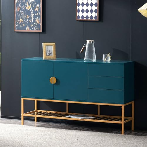 Sweiko Sideboard,Kommode mit 3 Schubladen und Metallgriffen,Multifunktionaler Schrank mit Metallablage,AufbewahrungSchrank Highboard für Esszimmer und Wohnräume,Moderner Blauer Beistelltisch (Blau)