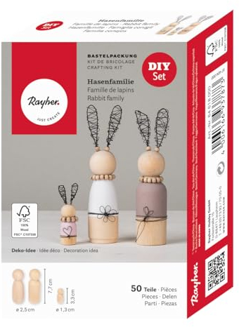 Rayher Bastelpackung Hasenfamilie, drei Hasen, 3,3 + 7,7 cm, aus Holz und Draht, Holz FSC zertifiziert, Osterdekoration, Osterhasen, Hasen Holz, 64618000