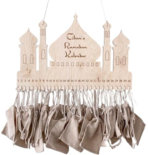 Surakey Ramadan Kalender, 2024 Hölzerner Eid Mubarak Adventskalender mit Geschenksäckchen, 30 Tage Eid Mubaraks Countdown-Kalender, Eid Festival Ramadan Party Dekoration, Wandbehang Ornament
