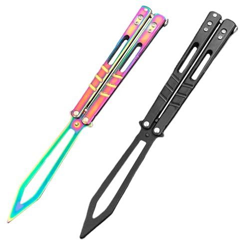 MEGYAD Couteau papillon d'entraînement Lot de 2 couteaux Lame non aiguisée avec pochette Oxford, peigne papillon en acier inoxydable pour couteau d'entraînement débutant (noir + couleur)