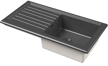 Balterley Ceramic Kitchen Sink with Drainer & Overflow Hole, 101cm Bowl Inset Fireclay Black Kitchen Sink, Single Bowl Reversible Ceramic Sinks with Grooved Drainer - 1010 x 525 x 235mm (Matt Black)