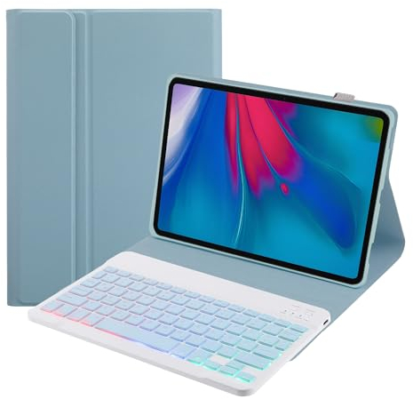 SUEEWE Tastatur Hülle für Lenovo Tab M11 11 2024 (TB330FU), TPU Rückseite Hülle mit 3 Bereich 7 Farbe Beleuchtete Abnehmbarer QWERTZ Tastatur, Blau