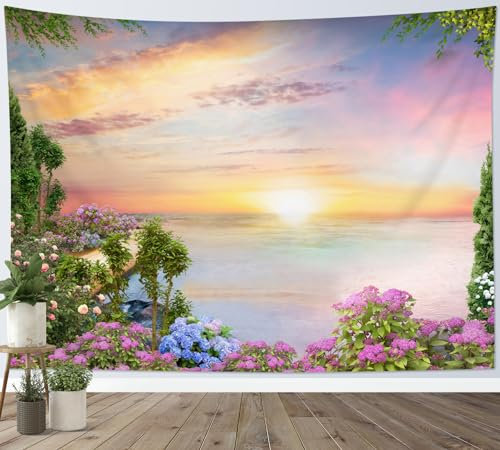 LB Wandteppich Tropische Küste Wandtuch Lila Blume in grüner Pflanze Wandbehang Sonnenuntergang über dem Meer Naturlandschaft Tapisserie für Wohnzimmer Schlafzimmer Wohnheim Wanddeko,235x180cm