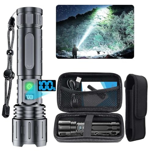 Torce elettriche ricaricabili da 20000 lumen, 1500 metri di lunghezza fascio di luce LED super luminoso con visualizzazione di alimentazione e IPX5 impermeabile per campeggio, tempo di funzionamento