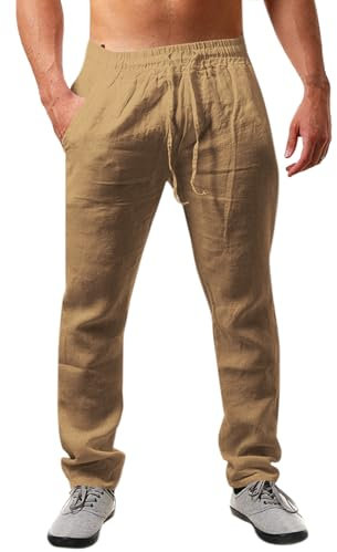 Runcati Herren Leinenhose Einfarbiges Lang Leicht Sommerhose Loose Fit Freizeithose mit Kordelzug für Urlaub Strand Khaki XL