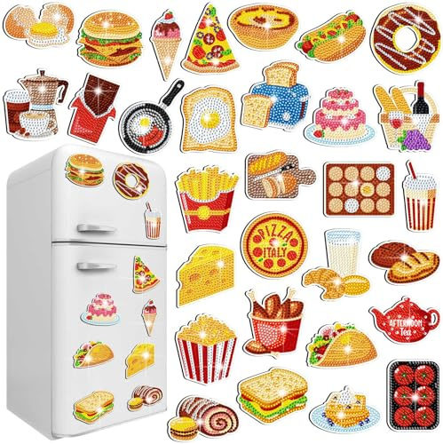 Copkim 30 Stück Diamant-Kunst-Magnete, einfache Diamant-Malerei-Magnet-Sets für Erwachsene und Kinder, DIY-Kühlschrank, Heimdekoration (Lebensmittel)