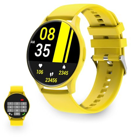 KSIX Core Reloj Inteligente Deportivo Hombre Mujer, Smartwatch con Llamadas y Notificaciones, Pulsera Actividad, Pulsómeto, Tensiómetro, Podómetro, Monitor de Salud, App iOS y Android, Amarillo