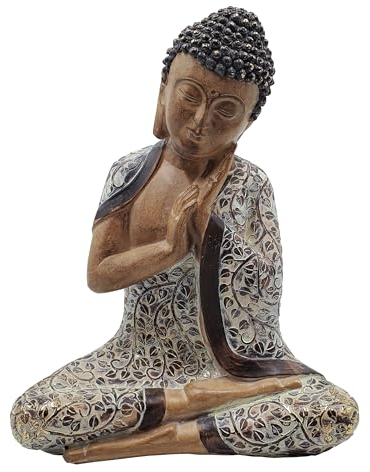 Dehner Gartenfigur Buddha, Gartendeko frostbeständig, Figur in Holzoptik, ca. 40 x 32 x 18 cm, Polyresin, braun/grau