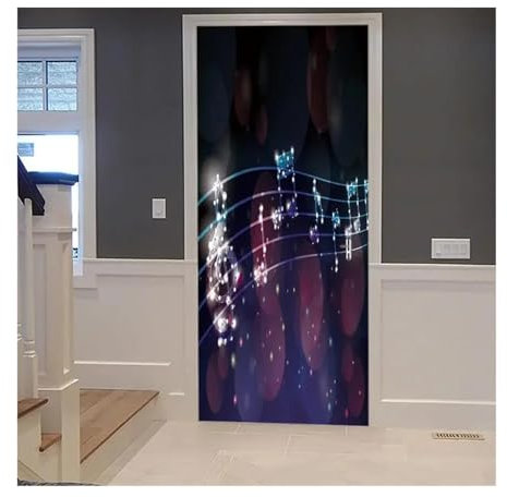 Türaufkleber Türtapete Türbilder Türposter 3D-Musik-Türaufkleber, Rock-Hippie-Wandaufkleber, Selbstklebend, Cartoon-Hip-Hop-Instrumental-Aufkleber, Tapete, Zuhause, Schlafzimmer(Q,95x215cm)