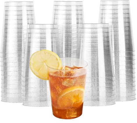 MATANA 180 Clear Hard Plastic Cups, Tumblers with Silver Glitter (285ml / 10oz) - Sturdy & Reusable - Birthdays, Weddings, Anniversary, Christmas, BBQ, Picnic, Parties