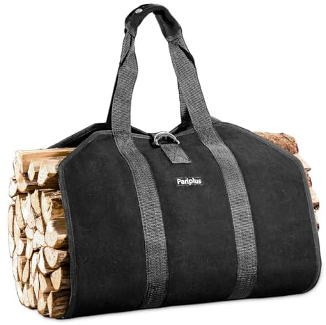 Pariplus Sac de transport en toile pour bois de chauffage – Porte-bûches robuste pour bois de chauffage avec poignées et sangle de sécurité, sac de transport pour bois de chauffage pour camping,