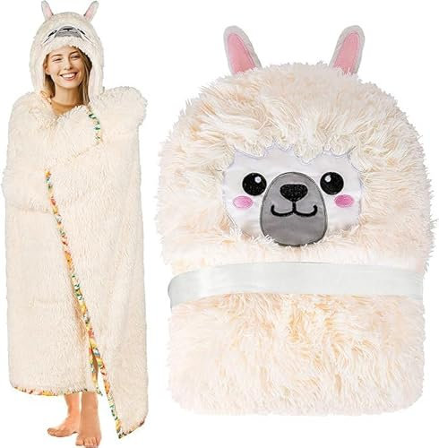 Gugxiom Fuzzy Wearable Hooded Blanket, Alpaca Cuddly Warm Kuschelig Decke mit Ärmeln, Winter Blanket für Mama Freundin Weihnachten Valentinstag Mütter Geschenke für Erwachsene (Weißes Alpaka)