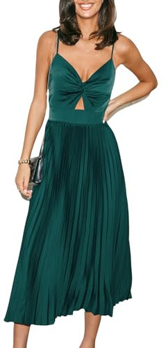 CUPSHE Maxi Dress for Women Satin V Neck Cutout Sleeveless Pleated Front Twist Long Elegant Party A Line Dresses Green L