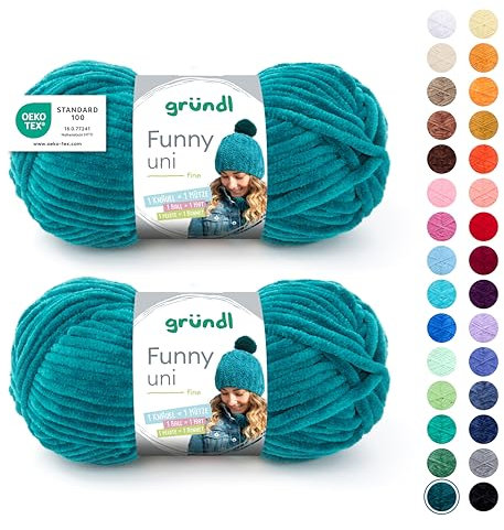 Gründl Wolle Funny uni - weiche Chenille Wolle zum Häkeln - Kuschelig und hautfreundlich - 100% Polyester - 2 Knäuel 100 g / 120 m - Nadelstärke 5-6, Petrol