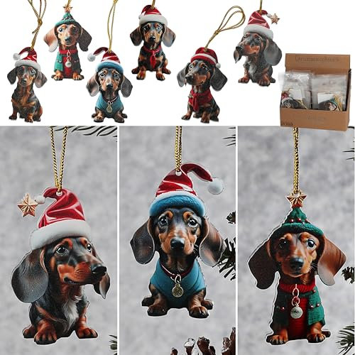 Christbaumschmuck Dackel 24er Set | Hunde 6 Motive | Acryl 6x12x4cm bunt | Baumschmuck Anhänger Weihnachtsschmuck