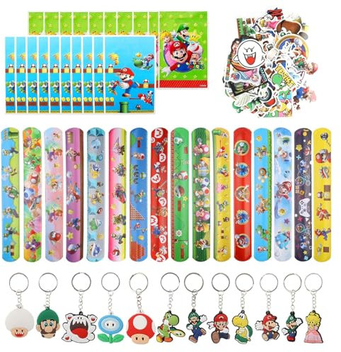 XoeLLe 98 Stück Super Ma-rio Mitgebsel Mitgebsel Kindergeburtst mit 12 Schlüsselanhänger Kinder 50 Kinder Sticker 20 Geschenktüten 16 Clap Bracelets für Geschenke Kindergeburtstag Party Zubehör