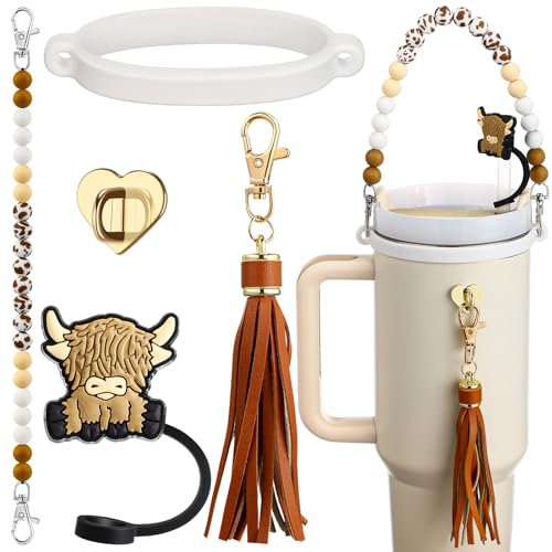 Skylety 5 Pcs Silicone Cup Accessories Set Compatible with Stanley Cup Include Silicone Beaded Bottle Strap Leather Tassel Charm Straw Cover Rubber Cup Ring for 8-40 oz Tumbler(Brown,Cow)
