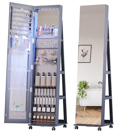 Lvifur 6LEDS Schmuckschrank mit Ganzkörperspiege,360°drehbar Spiegelschrank mit 4 Räder,abschließbar Standspiegel Schmuckorganizer mit großer Stauraum Geeignet für Schlafzimmer Wohnzimmer