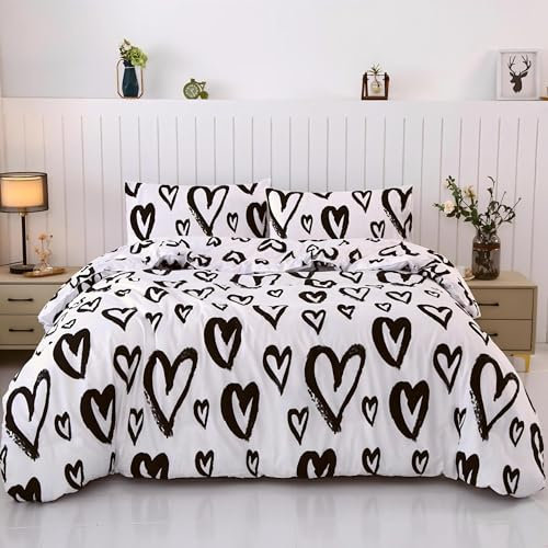 SDIII 3-teiliges Herz-Bettwäsche-Set für Doppelbett, Bett in einer Tasche, weiche Mikrofaser, Herz-Bettdecke, Doppelbett, Herz-Bettwäsche für Mädchen, Jungen, Kleinkinder, Kinder und Jugendliche