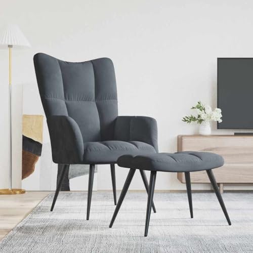 Myheimly Relaxsessel mit Hocker Sessel Polsterstuhl Stuhl Relaxstuhl Polstersessel Armsessel Ohrensessel Wohnzimmer Dunkelgrau Samt