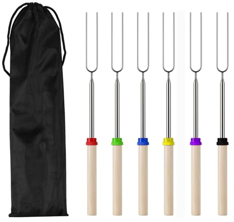 Lot de 6 bâtons à rôtir en forme de guimauve pour brasero - 81,3 cm - Extensibles - Accessoires de camping - En acier inoxydable - Pour barbecue - Fourchettes + sac