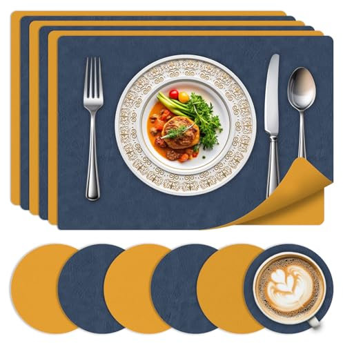 Bleswin Placemats Set of 6 with Coasters - Heat-Resistant Table Mats for Daily Use, Double-Sided Design, Wipe Clean in Seconds-Blue+yellow