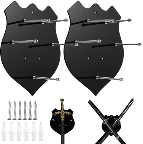 YOFAPA 2 PCS Sword Wall Hangers, Black Acrylic Sword Wall Mount, Sword Wall Display Stand, Medieval Sword Acrylic Wall Holder for Single or Double Swords, Axe Wall Hanging Mount