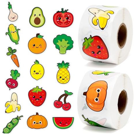 RUISPEED 1000 Stück Obst Aufkleber für Kinder, 1,5 Zoll, 16 süße Motive, wasserfeste Sticker Rollen mit Apfel Banane Erdbeere Wassermelone ideal für Geburtstagsparty Belohnung im Kindergarten und