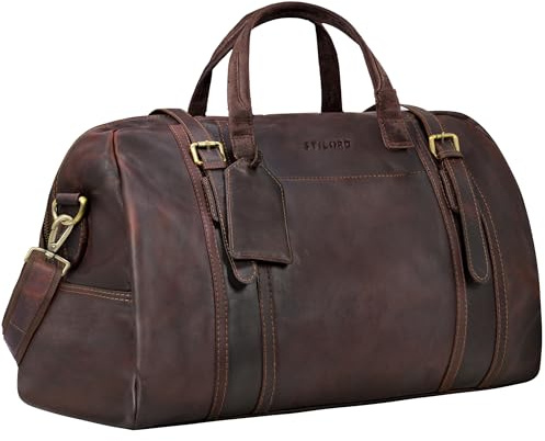 STILORD Vega Small Leather Holdall Genuine Leather Travel Bag for Men & Womens Brown Duffel Bag Vintage Weekend Overnight Handbag Sports Gym 34 L, 50 x 23 x 3