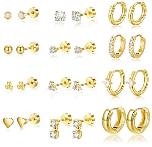 Turandoss 12 Paar Ohrringe Gold für Damen, Helix Piercings 316L Chirurgenstahl Creolen Medizinische Ohrstecker Ohrringe Stecker Schmuck Knorpel Tragus Conch Rook Piercings Ohr Schmucksets für Damen