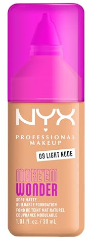 NYX Professional Makeup Make 'Em Wonder Foundation, 24H Soft Matte Aufbaubare Foundation, Mit hoher Deckkraft, Mattes Finish, 09 Light Nude