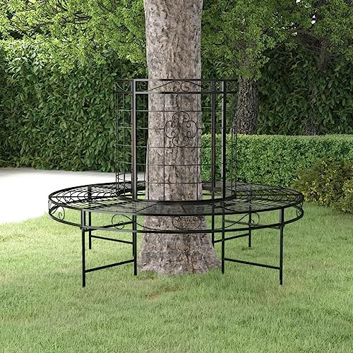 IBUQDDV Runde Baumbank aus Stahl Ø137 cm Schwarz für Garten und Terrasse, witterungsbeständige Outdoor-Sitzbank mit rundum Design