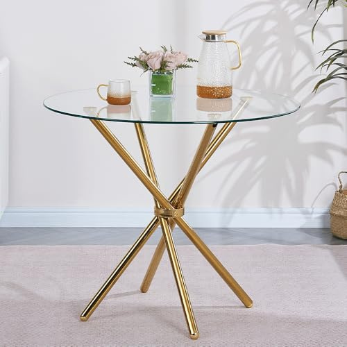 DZOVAD Runder Glas-Esstisch, Tischplatte aus gehärtetem Glas und Metallbeinen, runder Küchentisch für Restaurant, 90 x 90 x 75 cm (transparent/goldfarben, Zentimeter, 75 cm, 90 cm, 90)