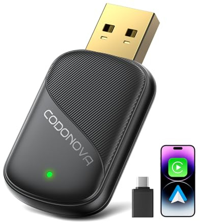 Mini Adaptador CarPlay Inalámbrico y Android Auto, Negro | USB-A/C Dorado, Conexión rápida, Wi-Fi 5 GHz, para Apple iPhone (iOS 10+) y Android 10+, Trayectos Diarios, Viajes Largos
