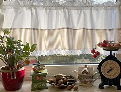 Leinenshop24 Bistrogardine Kurzgardine Weiß mit Spitze Taupe Beige 100% Öko Baumwolle 140 x 40 cm Landhaus Shabby Retro Vita