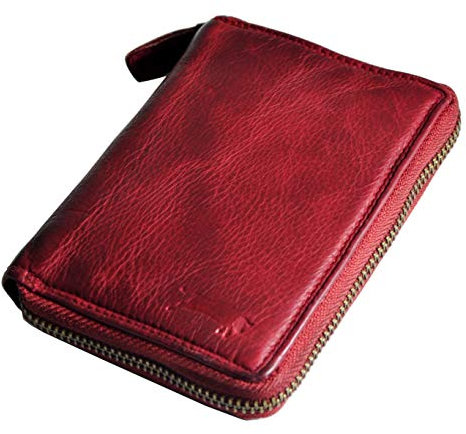 Used-Look Echtleder Vintage Portemonnaie Geldbörse Brieftasche Geldbeutel aus Wasch-Leder mit I viele Kartenfächer I Genuine Leather Vintage Wallet I Washed Leather I (Rot mit Reißverschluss)