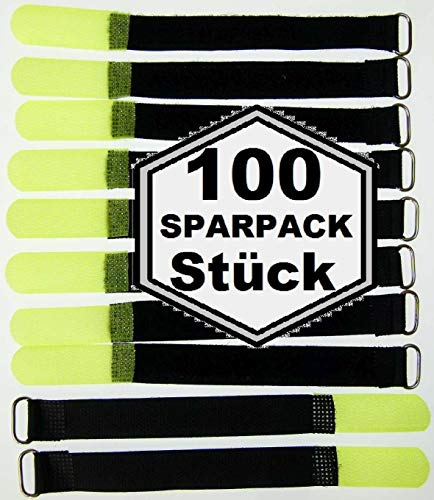 100x 16 cm x 16 mm wiederverschließbare Klett-Kabelbinder NEON GELB mit Metall-Öse - Kabel-Klettband 160 mm wiederverwendbar