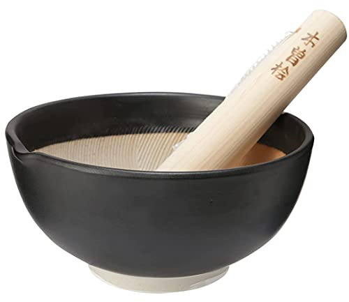 TIKUSAN Juego de mortero y pilón de cerámica Ripple Ridge (Suribachi y Surikogi) con boquilla fabricada en Japón Mino Ware (negro mediano)