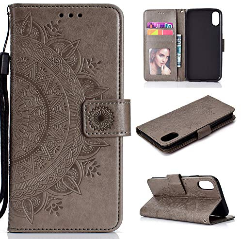 CoverKingz Handytasche kompatibel mit Xiaomi Redmi 9A - Handy Case mit Kartenfach Handyhülle - Flipcase klappbar Motiv Mandala Grau