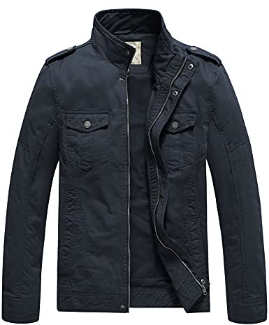 WenVen Homme Veste Style Militaire Printemps Coupe-Vent Veste Zippée Veste Cargo Classique en Coton Manteau Décontracté Casual Blouson Multipoches Bleu Marine L