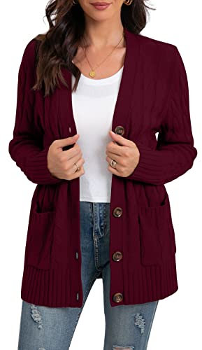 GRECERELLE Damen Strickjacke Schwarz - Damen Strickjacke mit Langen Ärmeln, Taschen und Knöpfen (Rot, S)