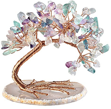 Nupuyai 7.6cm Fluorine Naturelle Arbre d'argent sur Base de Tranches d'agate, Arbre de Vie Reiki Feng Shui Cristal Cadeau de Mariage et Décor de Bureau à Domicile pour la Bonne Chance