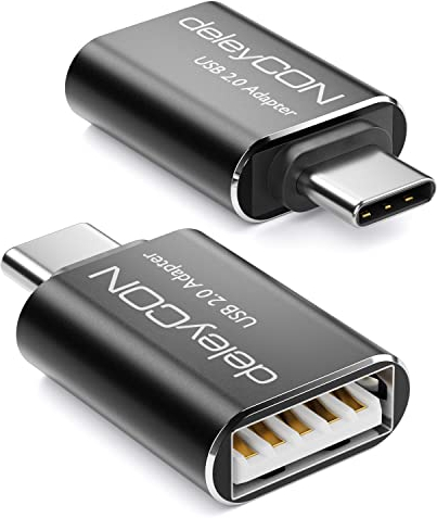deleyCON Adaptateur USB C vers USB A - OTG (2 Pièces) C Mâle vers A Femelle - pour iPhone 16 Pro Max, 15 Pro Max, iPad, MacBook Pro/Air, Galaxy S25/S24, PC, Ordinateur, Portable - Noir